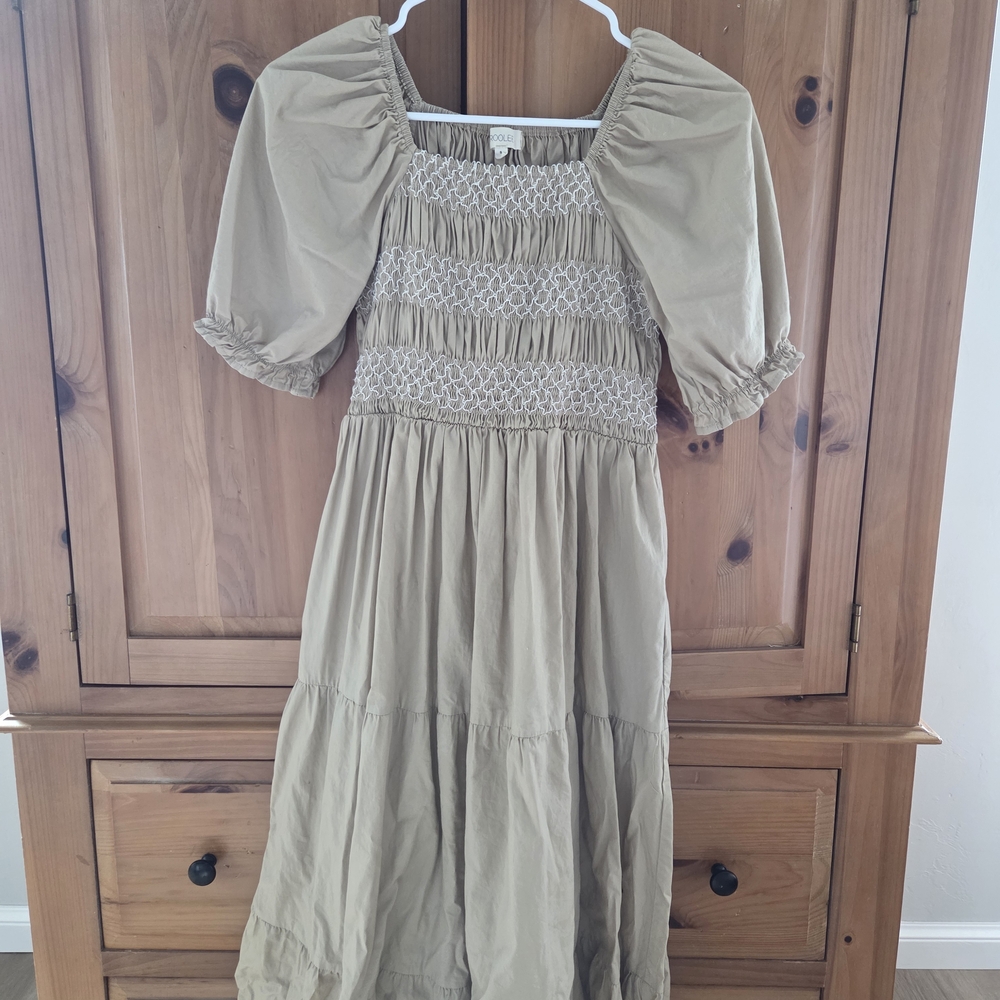 Beige Smocked Puff Roolee Sleeve Dress